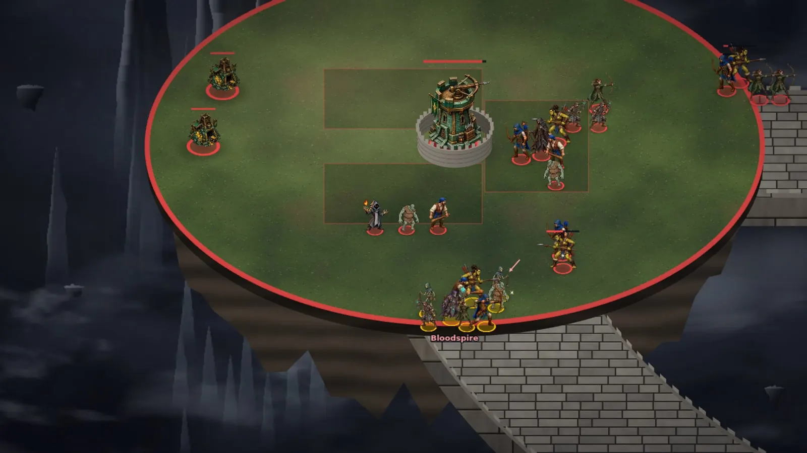 A battle on a floating island: troops from several keeps clash around a tower above a dark chasm.
