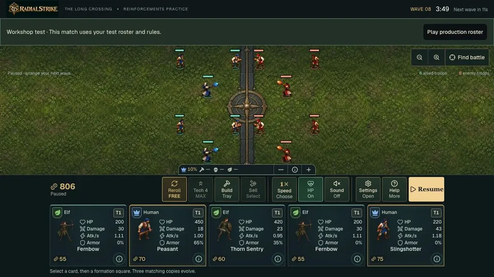 Radial Strike Classic: two formations face each other across a road, with the troop cards below.