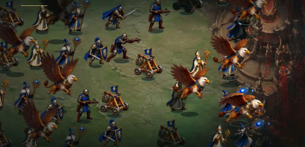 Knights, archers, gryphons and siege engines attacking a citadel in Radial Strike.